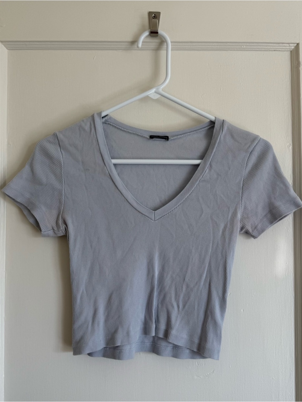 Brandy Melville Light Gray V-Neck Ribbed Short Sleeve Top